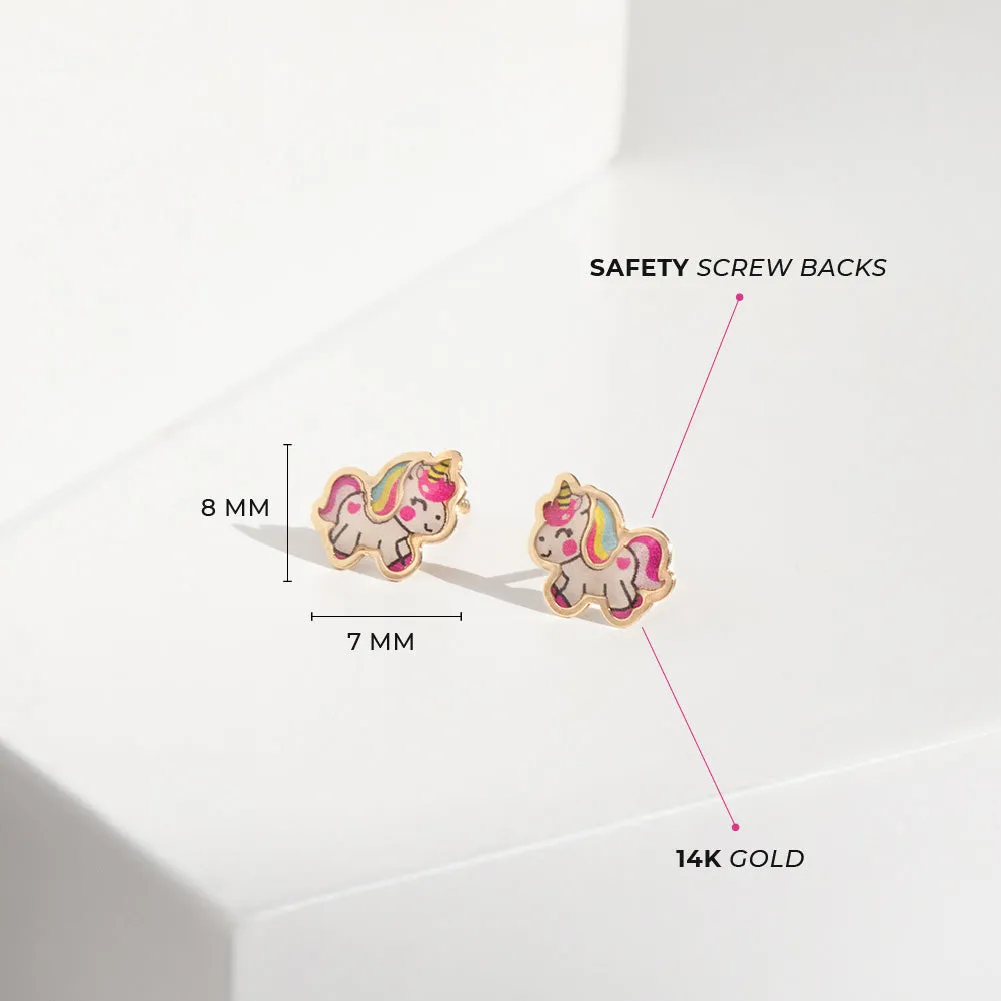 14k Gold Simply Unicorn Baby / Toddler / Kids Earrings Safety Screw Back Enamel