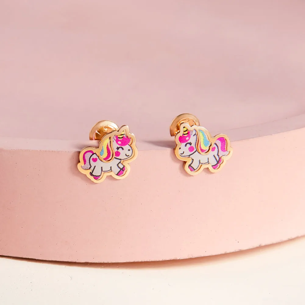14k Gold Simply Unicorn Baby / Toddler / Kids Earrings Safety Screw Back Enamel