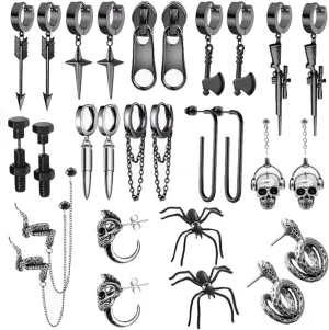 16 Pairs Stainless Steel Y2K Punk Hoop Dangle Earrings For Women Men Emo Goth Chains Statement Snake Axe Spider Screw Skeleton Arrow Flame Stud Earrings for Men