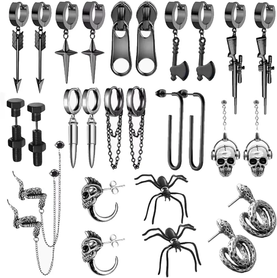 16 Pairs Stainless Steel Y2K Punk Hoop Dangle Earrings For Women Men Emo Goth Chains Statement Snake Axe Spider Screw Skeleton Arrow Flame Stud Earrings for Men