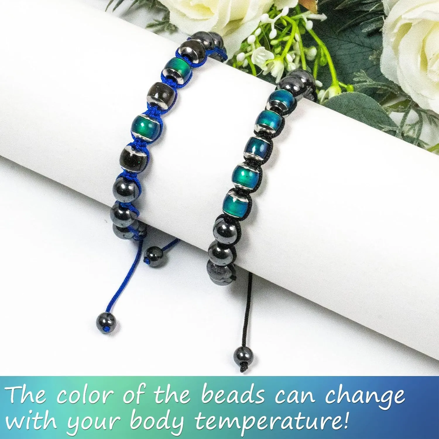 2Pcs Adjustable Mood Bracelet for Women Color Changing Based on Emotion Beaded Braided Dazzling Mood Bracelet Shinning Links