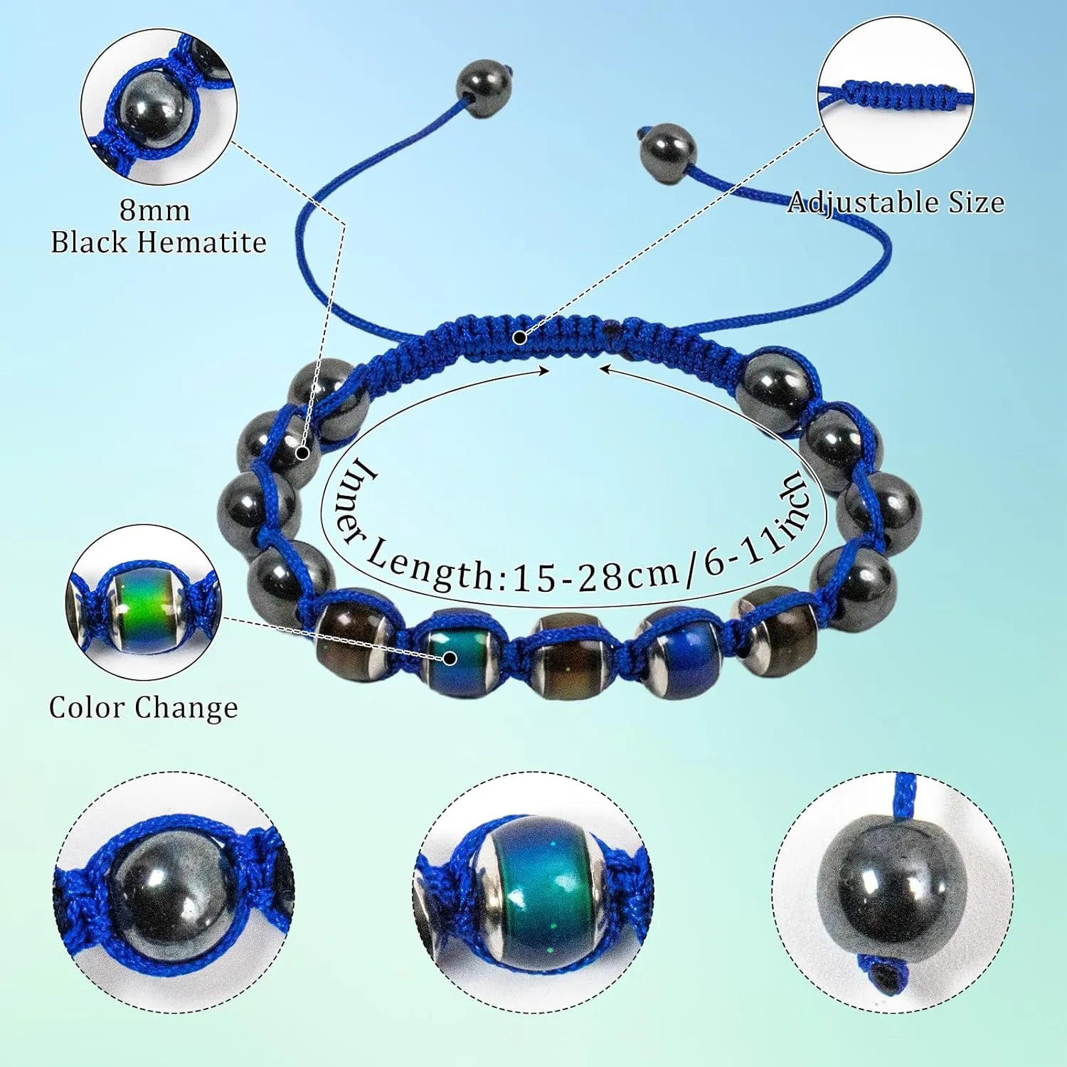 2Pcs Adjustable Mood Bracelet for Women Color Changing Based on Emotion Beaded Braided Dazzling Mood Bracelet Shinning Links