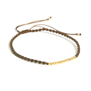 Adjustable friendship bracelet cotton string in twist design and gold plated on sterling silver beads at the center(Dark Brown)