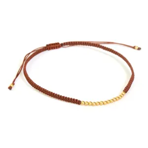 Adjustable friendship bracelet in cotton string and gold plated on silver beads at the center(Brown)