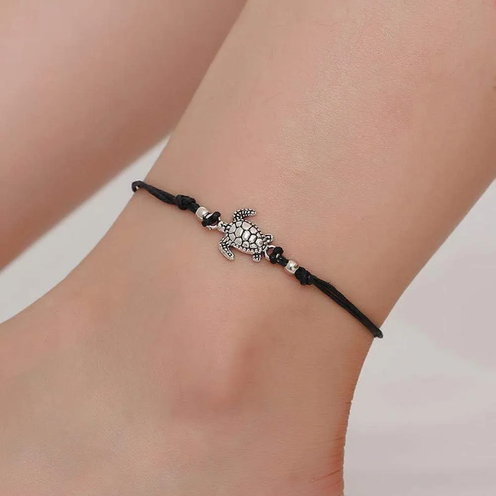 Anklet, Vintage Turtle Charm Handmade Woven Ankle Bracelet Anklet Women Beach Jewelry Black