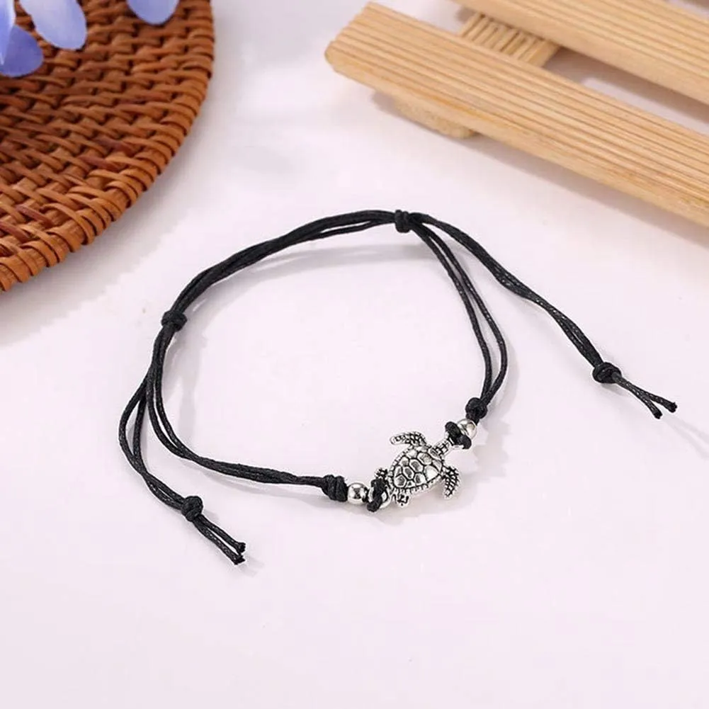 Anklet, Vintage Turtle Charm Handmade Woven Ankle Bracelet Anklet Women Beach Jewelry Black