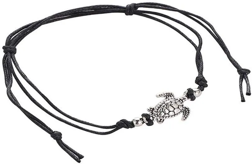 Anklet, Vintage Turtle Charm Handmade Woven Ankle Bracelet Anklet Women Beach Jewelry Black