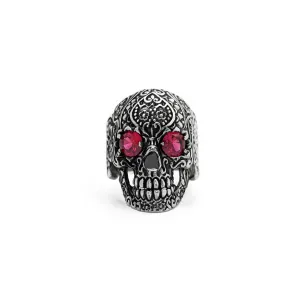 Antique Finish Floral Crimson Eye Skull Ring (Silver)