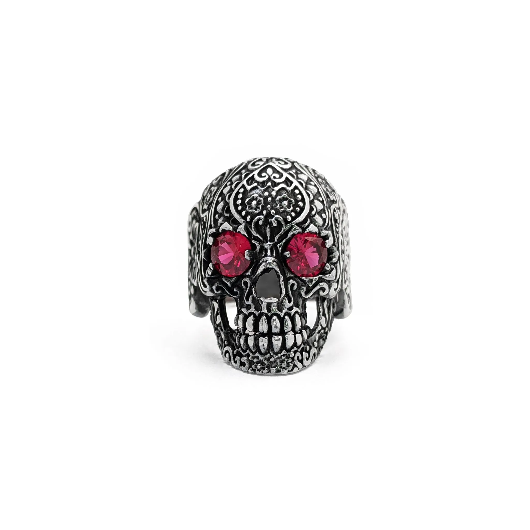 Antique Finish Floral Crimson Eye Skull Ring (Silver)