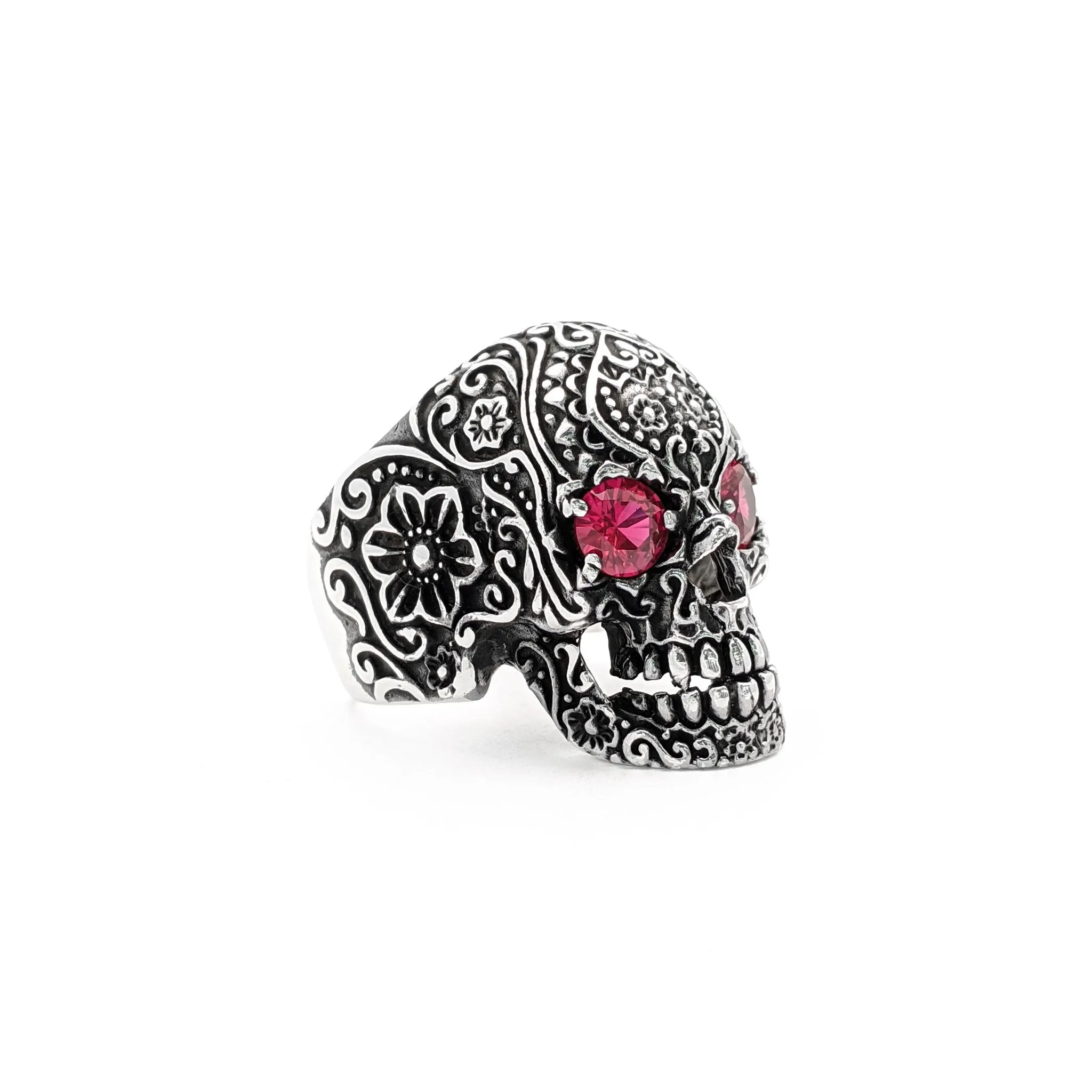 Antique Finish Floral Crimson Eye Skull Ring (Silver)
