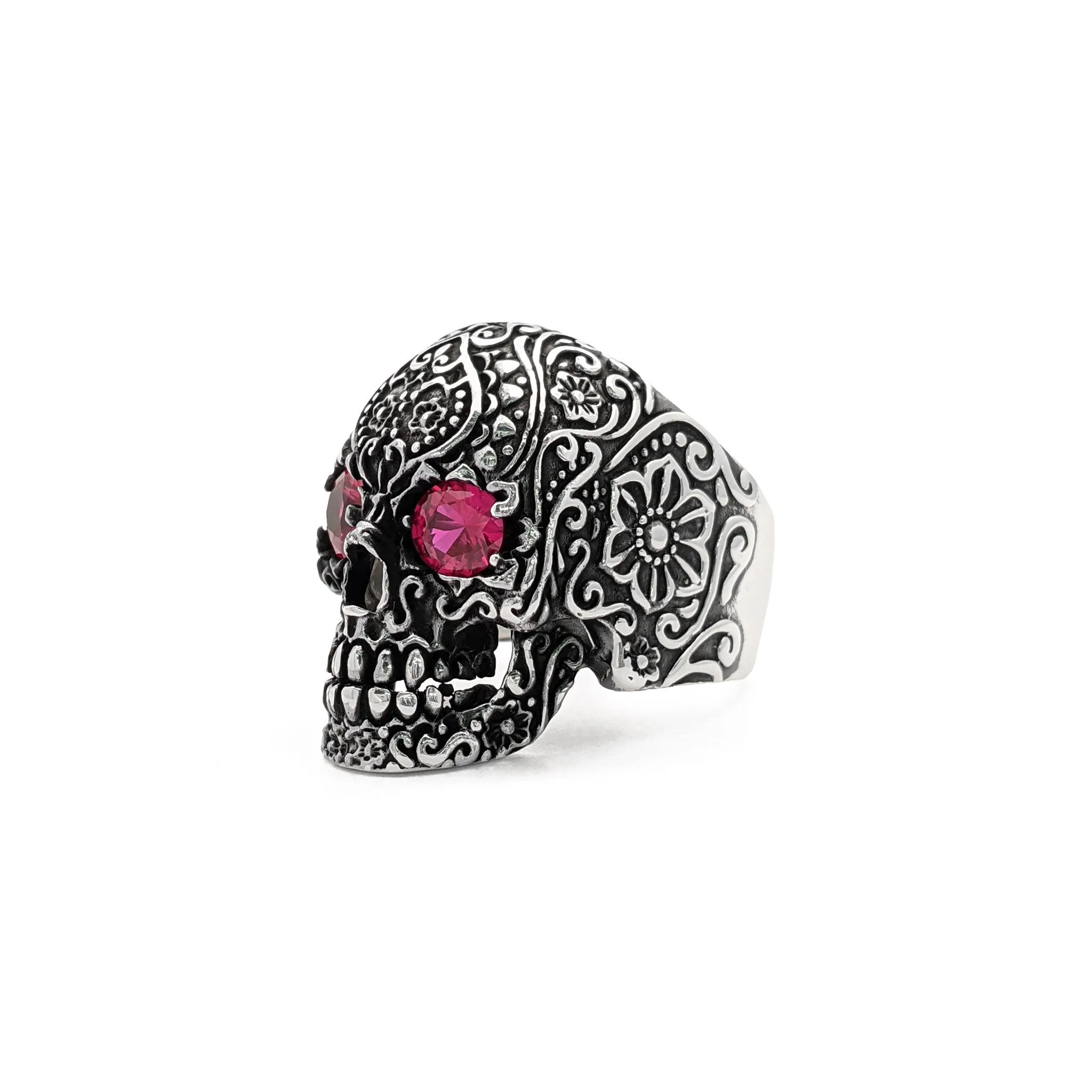 Antique Finish Floral Crimson Eye Skull Ring (Silver)
