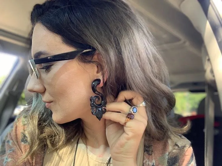 Black Carved Stretching Hanger Earrings (Pair)  - B010