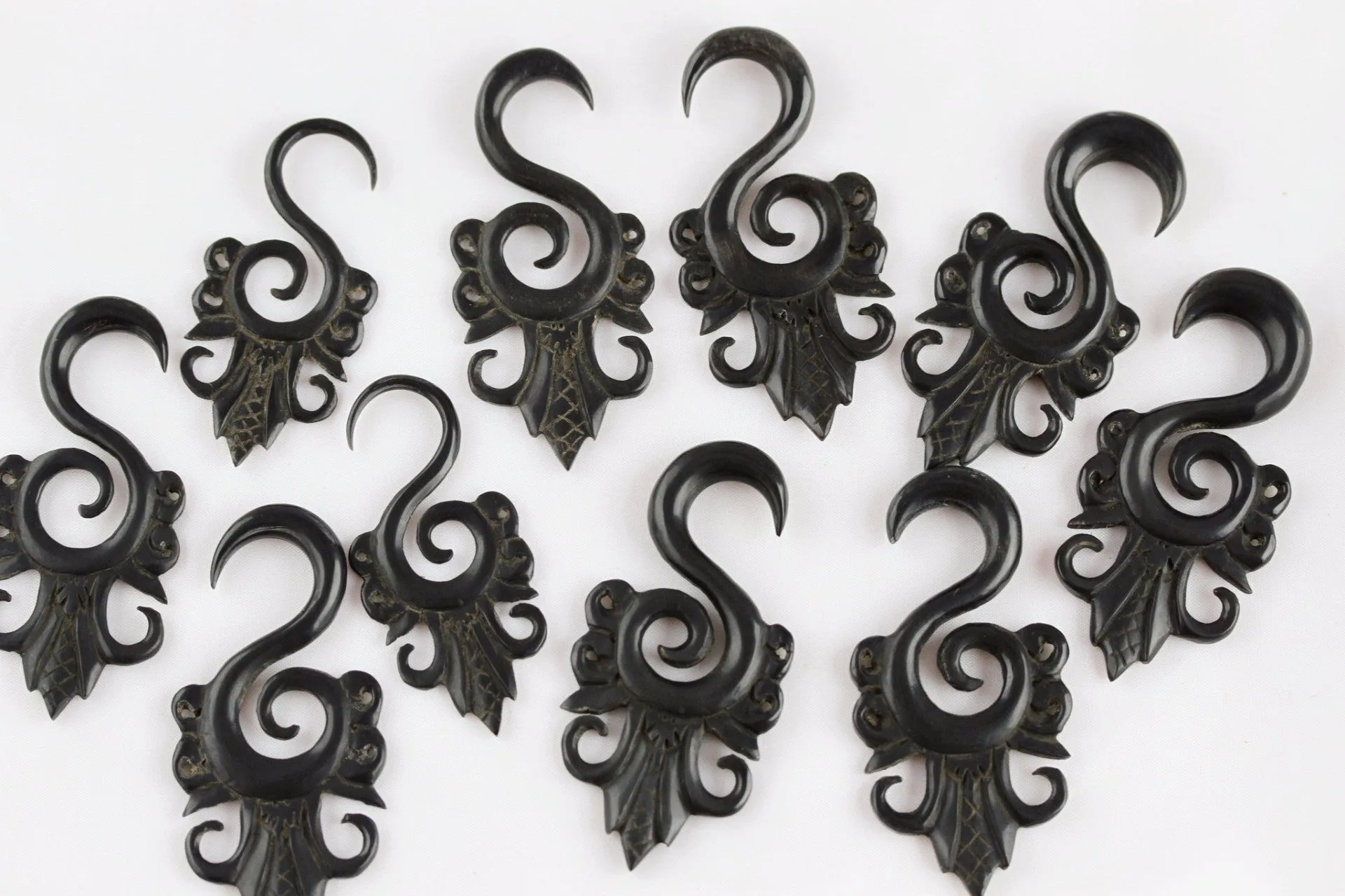 Black Carved Stretching Hanger Earrings (Pair)  - B010