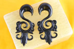 Black Carved Stretching Hanger Earrings (Pair)  - B010