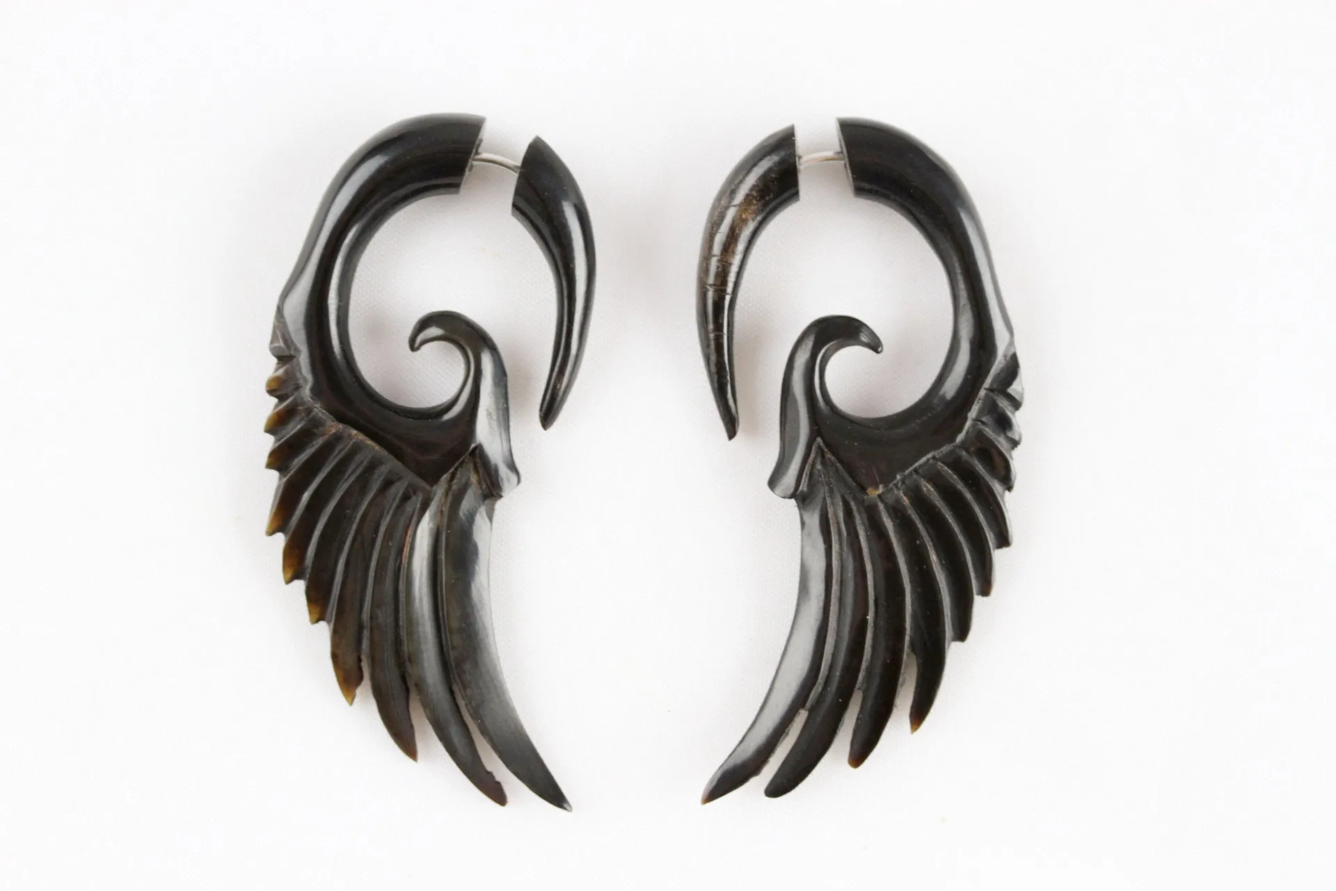 Black Feather Gauged Earrings - Black Wing Plugs (Pair) - B008