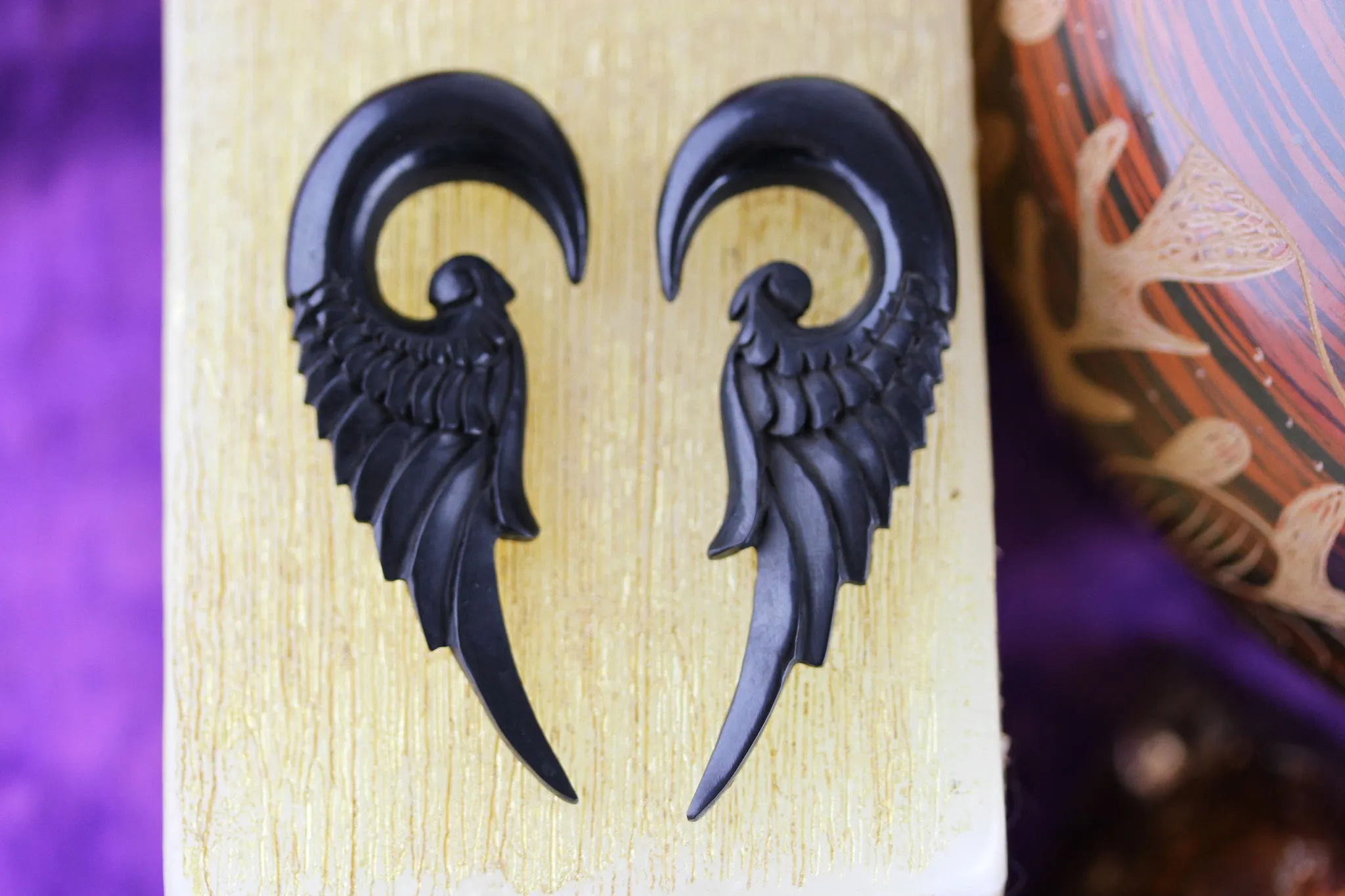 Black Feather Stretch Gauge Earrings (Pair) - B034