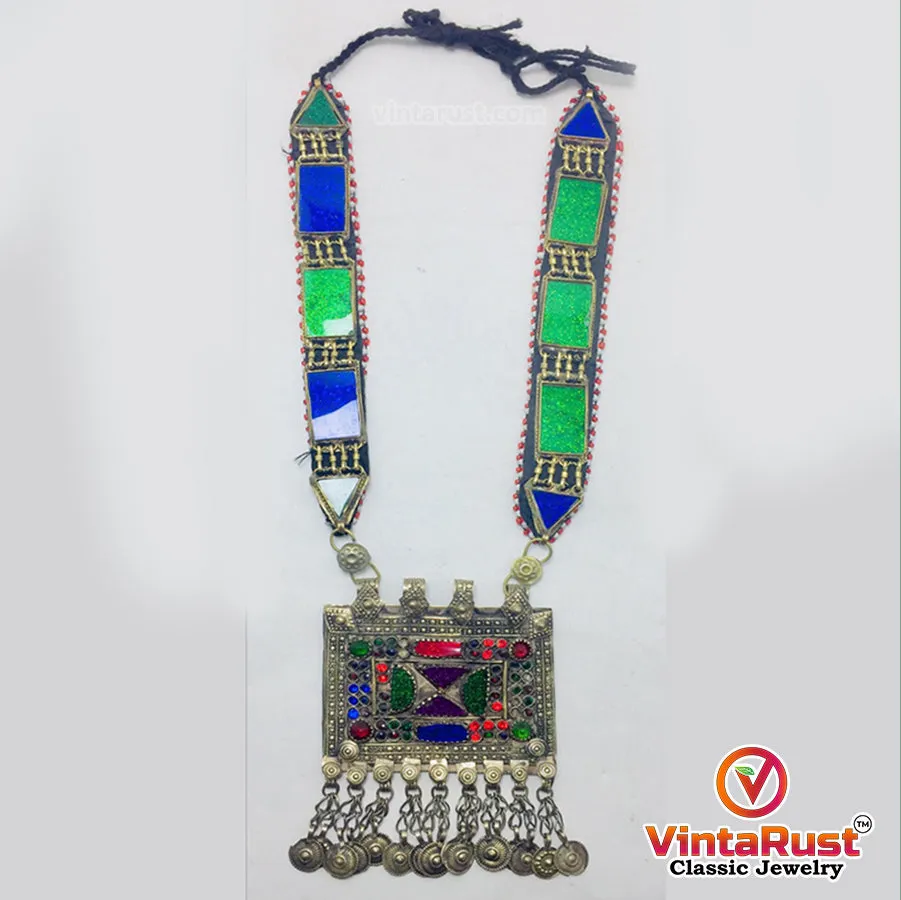 Blue and Green Long Chain Pendant Necklace