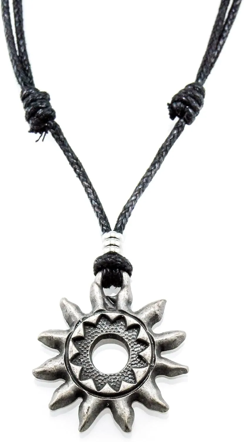 BlueRica Tribal Sun on Adjustable Black Cord Necklace (Old Silver Finish)