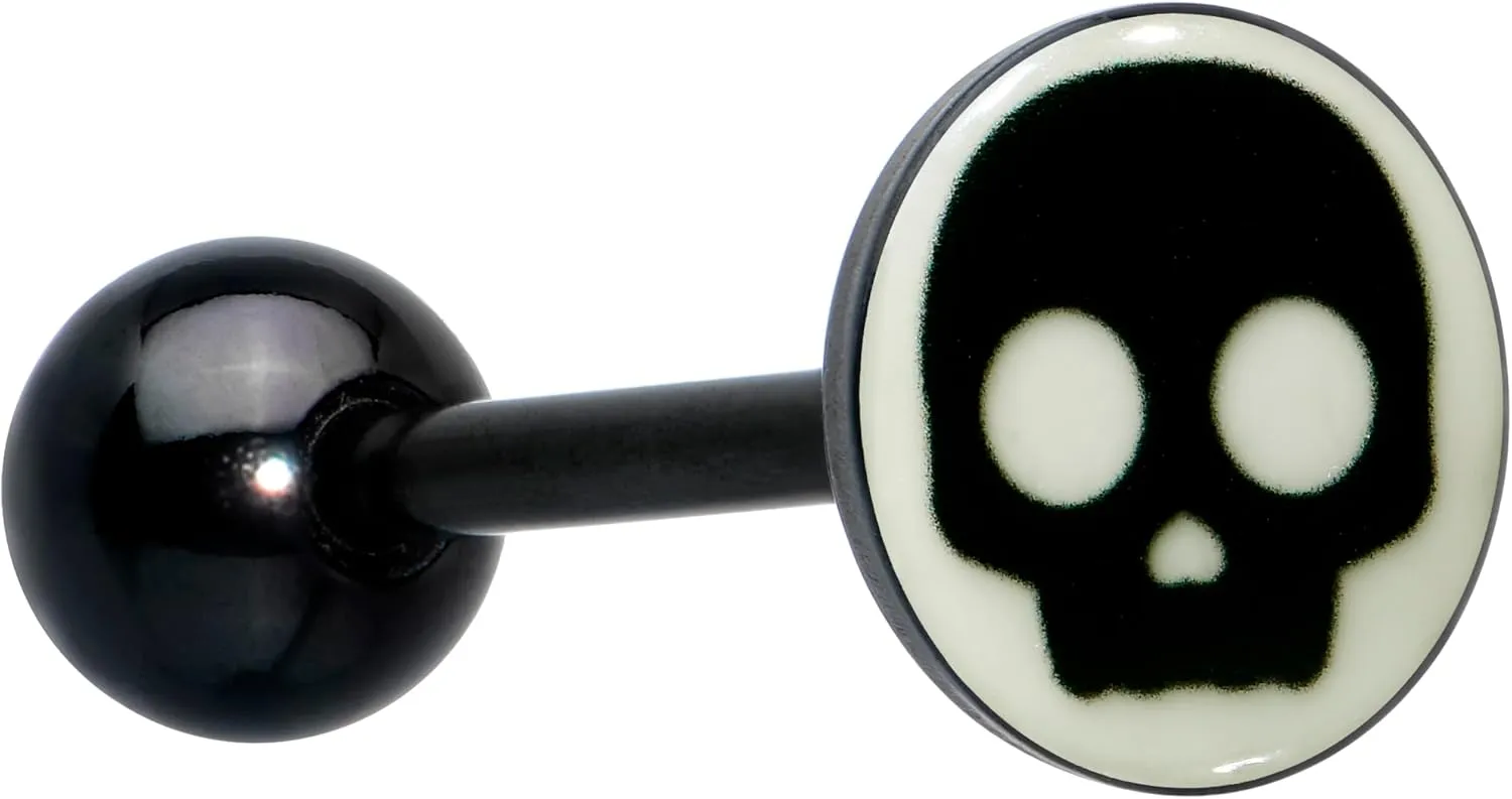 Body Candy 14G Women 316L Stainless Steel Black Glow in the Dark Simple Skull Mens Barbell Tongue Ring Body Piercing Jewelry 5/8?