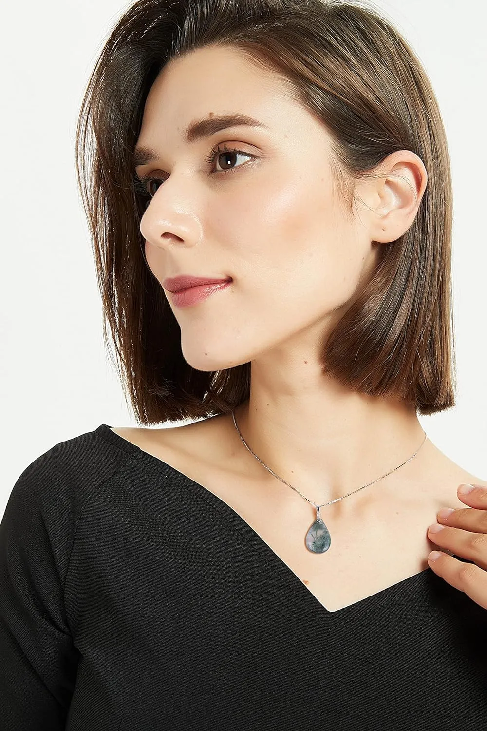 COAI 925 Sterling Silver Moss Agate Leaf Pendant Necklace