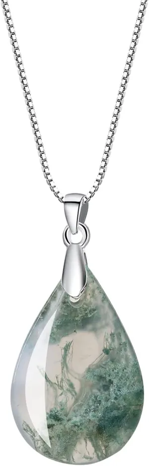 COAI 925 Sterling Silver Moss Agate Leaf Pendant Necklace
