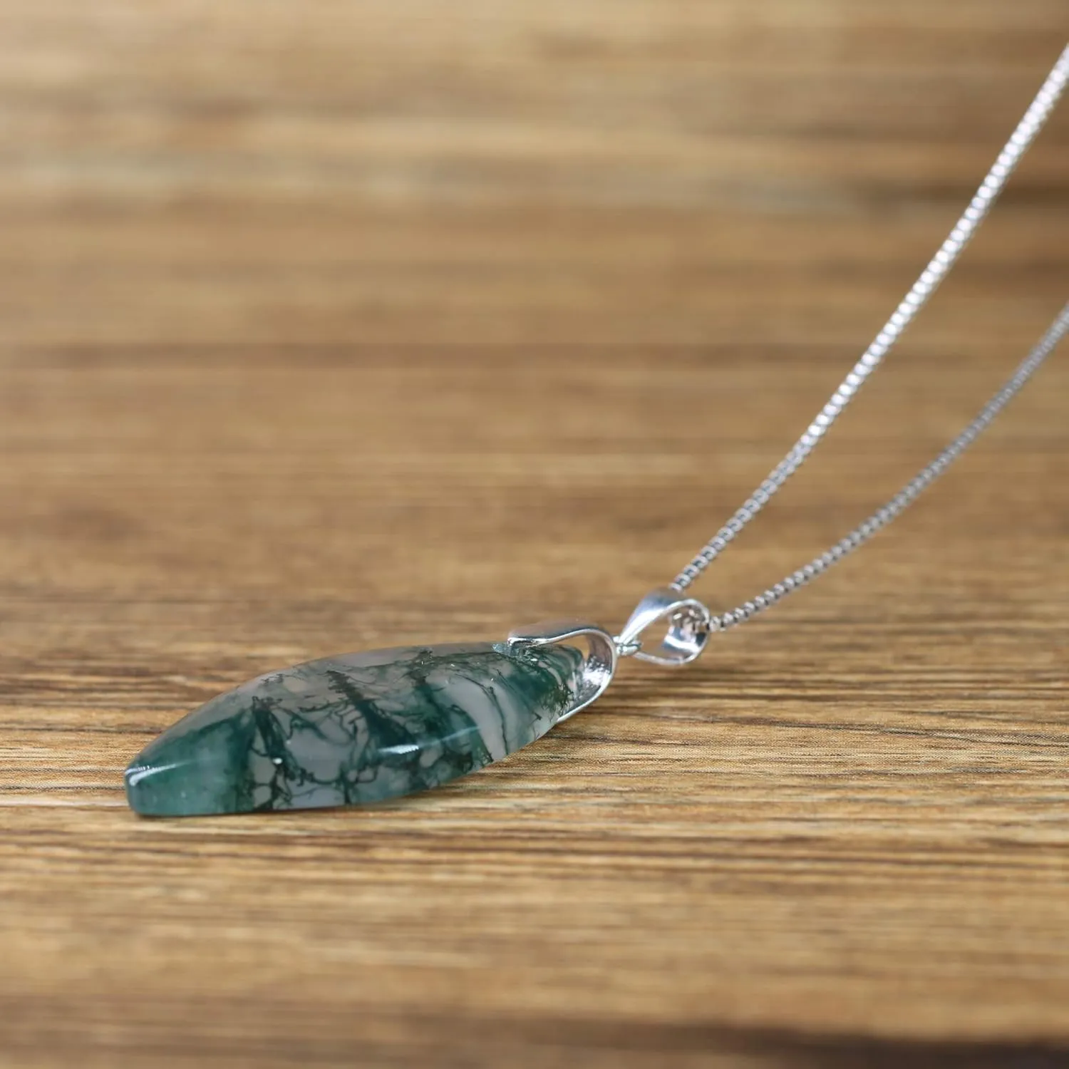 COAI 925 Sterling Silver Moss Agate Leaf Pendant Necklace
