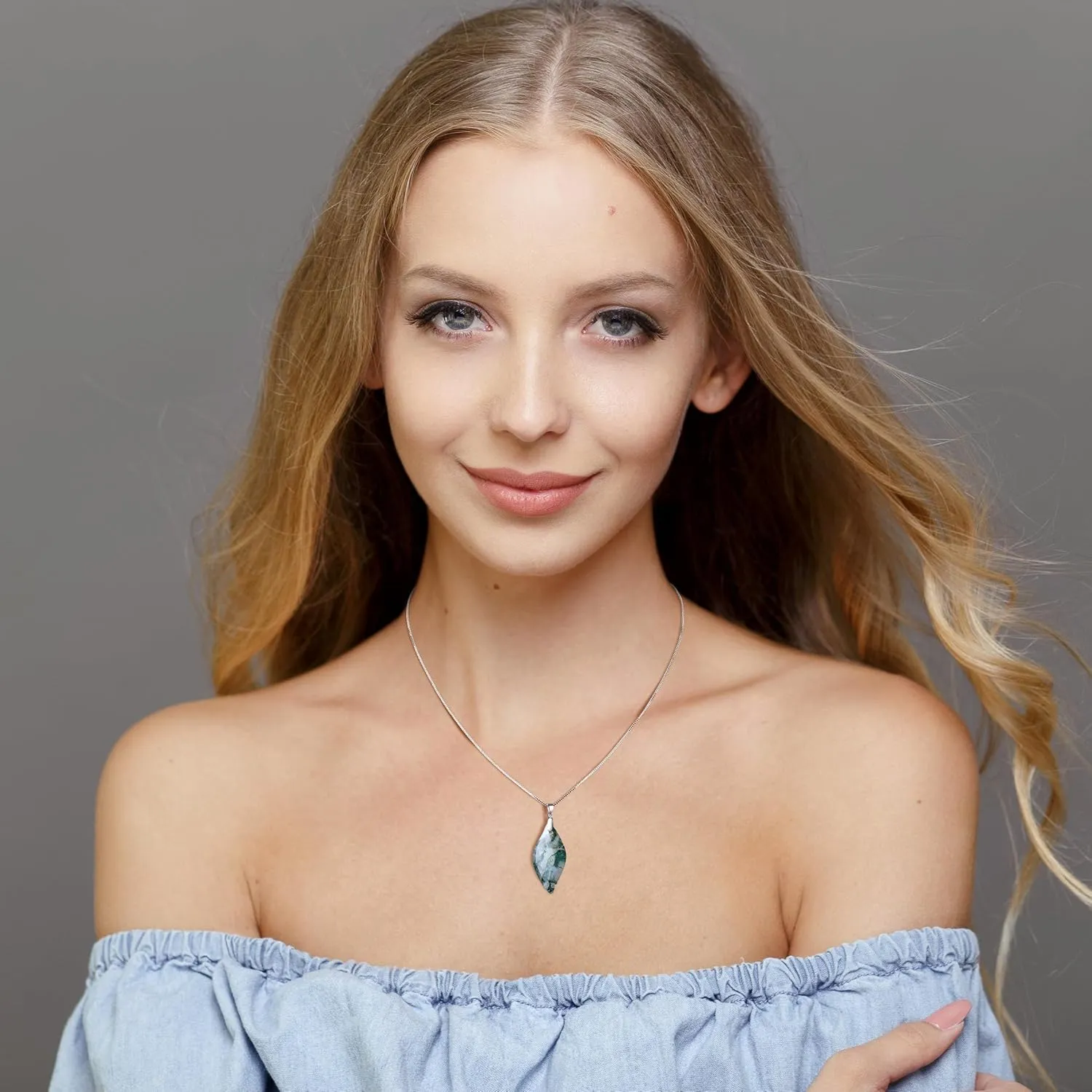 COAI 925 Sterling Silver Moss Agate Leaf Pendant Necklace
