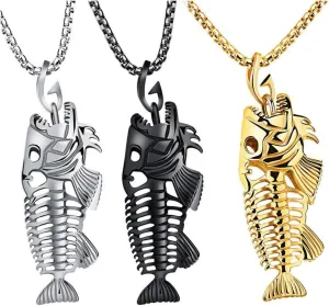 Comimark 3Pcs Fish Bone Whole Fish Skeleton Stainless Steel Pendant Necklace Gold Black Silver