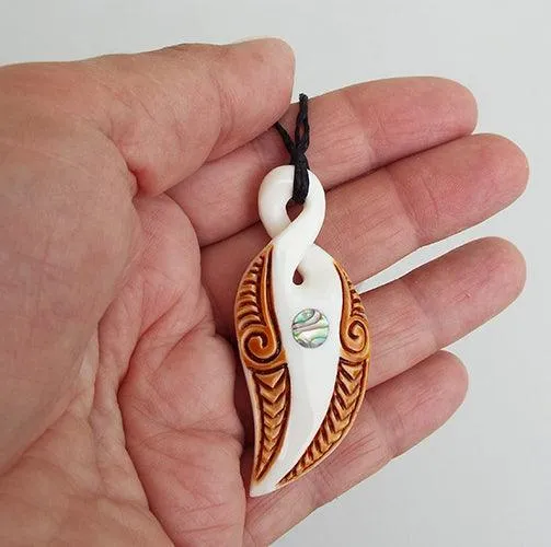 Curved Maori Bone Love Twist Necklace with Paua and Stain