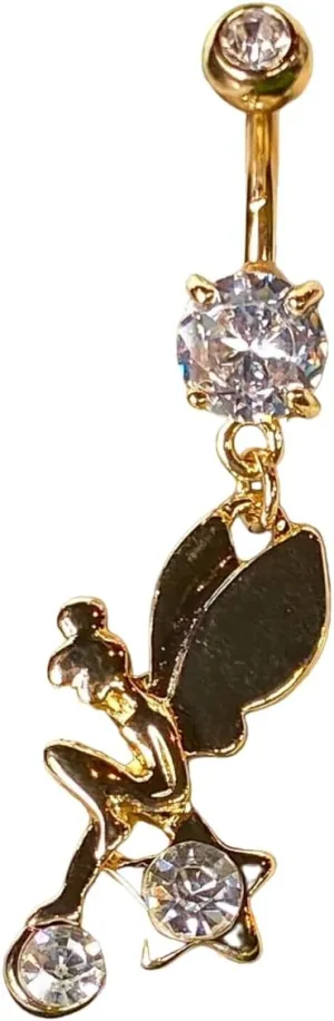 Cute 14kt Gold Plated Fairy Star CZ Gem Belly Ring - Tinkerbell Pierced Navel - Body Jewelry