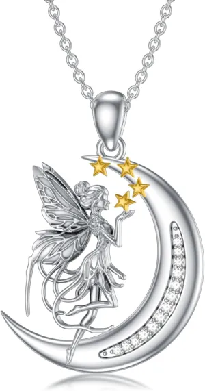 Fairy Necklace 925 Sterling Silver Lab Diamonds Crescent Moon Fairy Pendant Jewelry for Women
