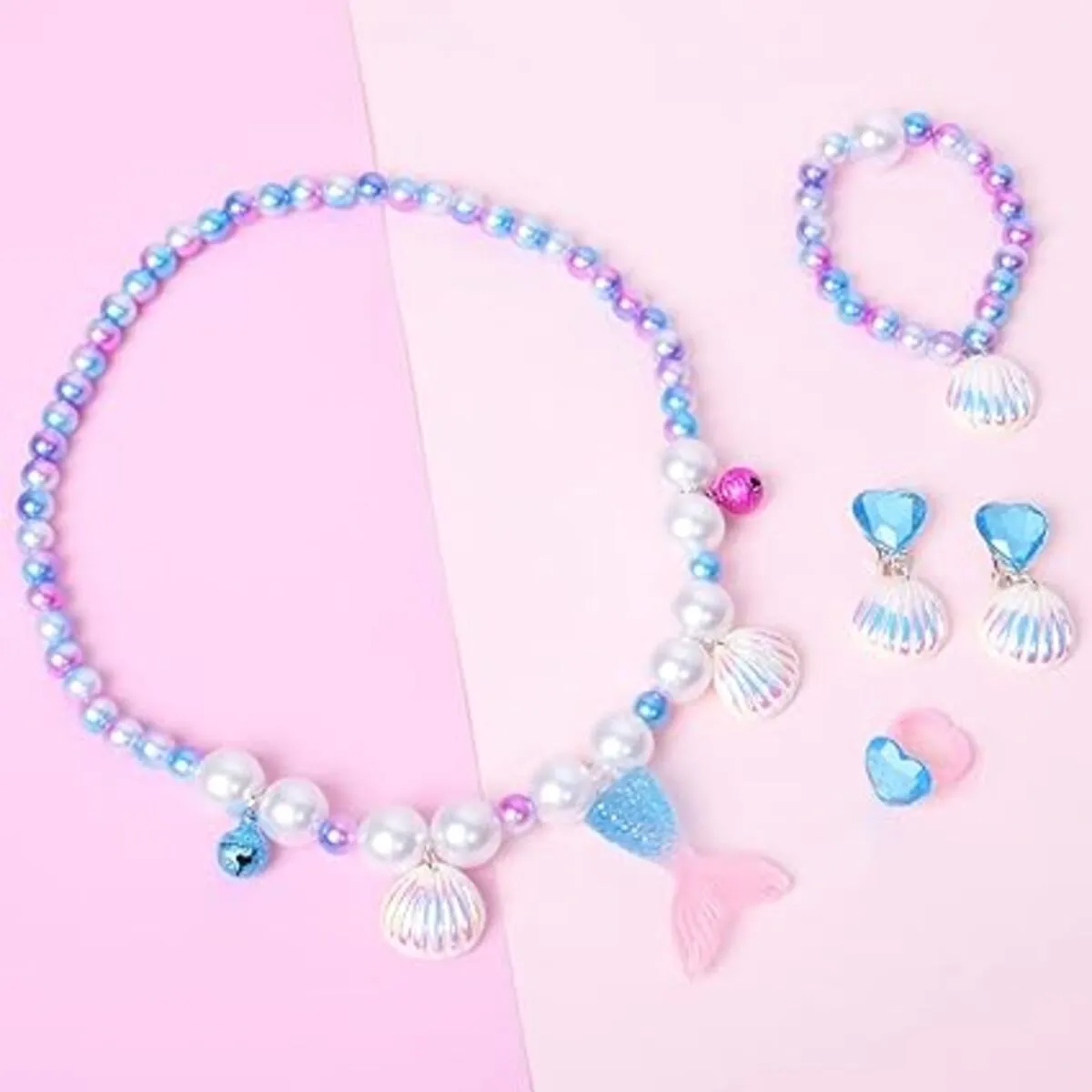 Fancydresswale Girls Mermaid necklace set of 5 pcs jewellery bracelet, ring, earrings cute girl princess dress accessories blue