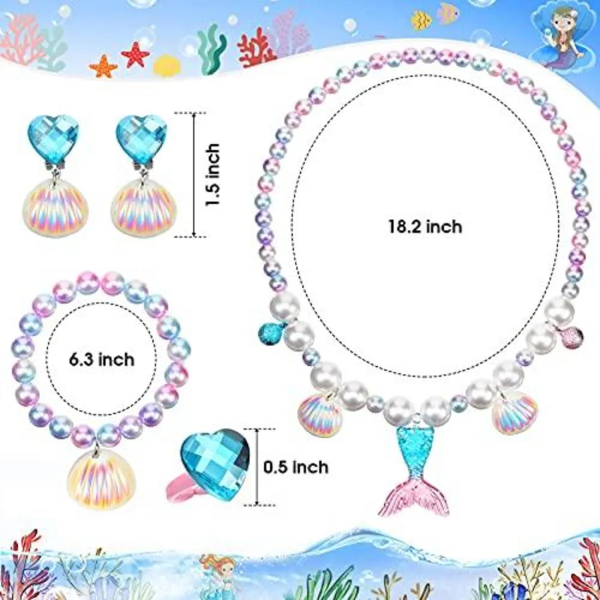 Fancydresswale Girls Mermaid necklace set of 5 pcs jewellery bracelet, ring, earrings cute girl princess dress accessories blue