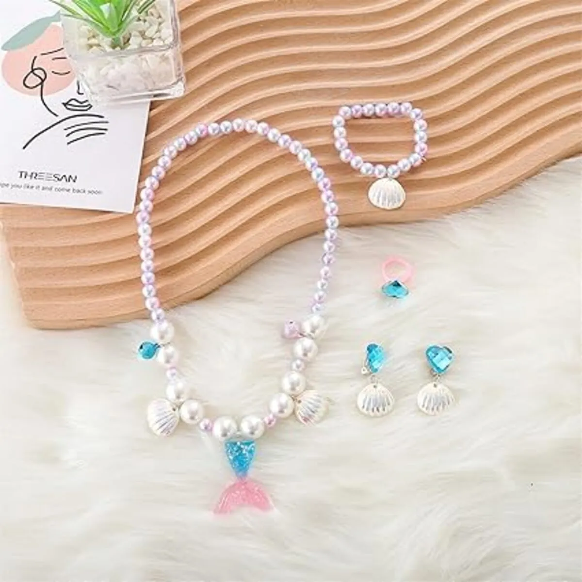 Fancydresswale Girls Mermaid necklace set of 5 pcs jewellery bracelet, ring, earrings cute girl princess dress accessories blue