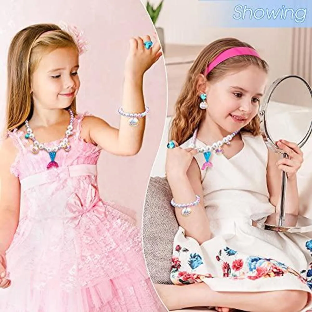 Fancydresswale Girls Mermaid necklace set of 5 pcs jewellery bracelet, ring, earrings cute girl princess dress accessories blue
