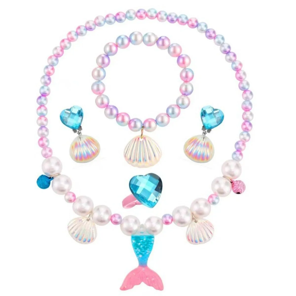Fancydresswale Girls Mermaid necklace set of 5 pcs jewellery bracelet, ring, earrings cute girl princess dress accessories blue