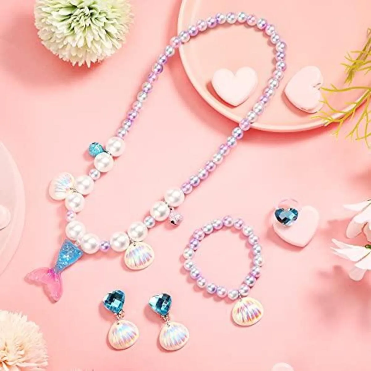 Fancydresswale Girls Mermaid necklace set of 5 pcs jewellery bracelet, ring, earrings cute girl princess dress accessories blue