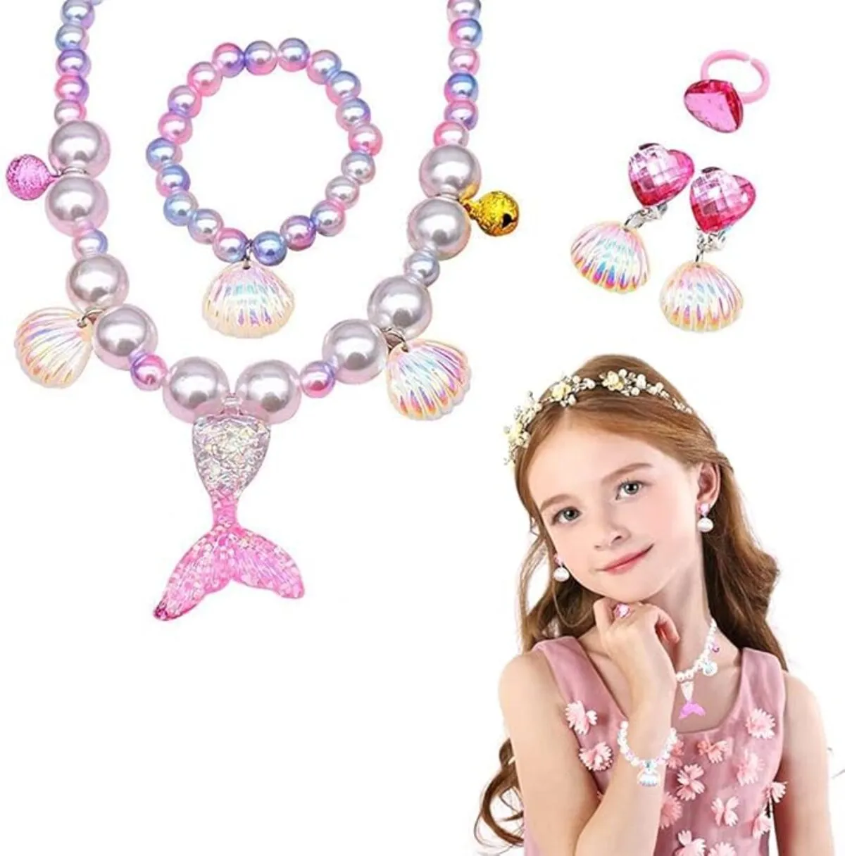 Fancydresswale Girls Mermaid necklace set of 5 pcs jewellery bracelet, ring, earrings cute girl princess dress accessories pink