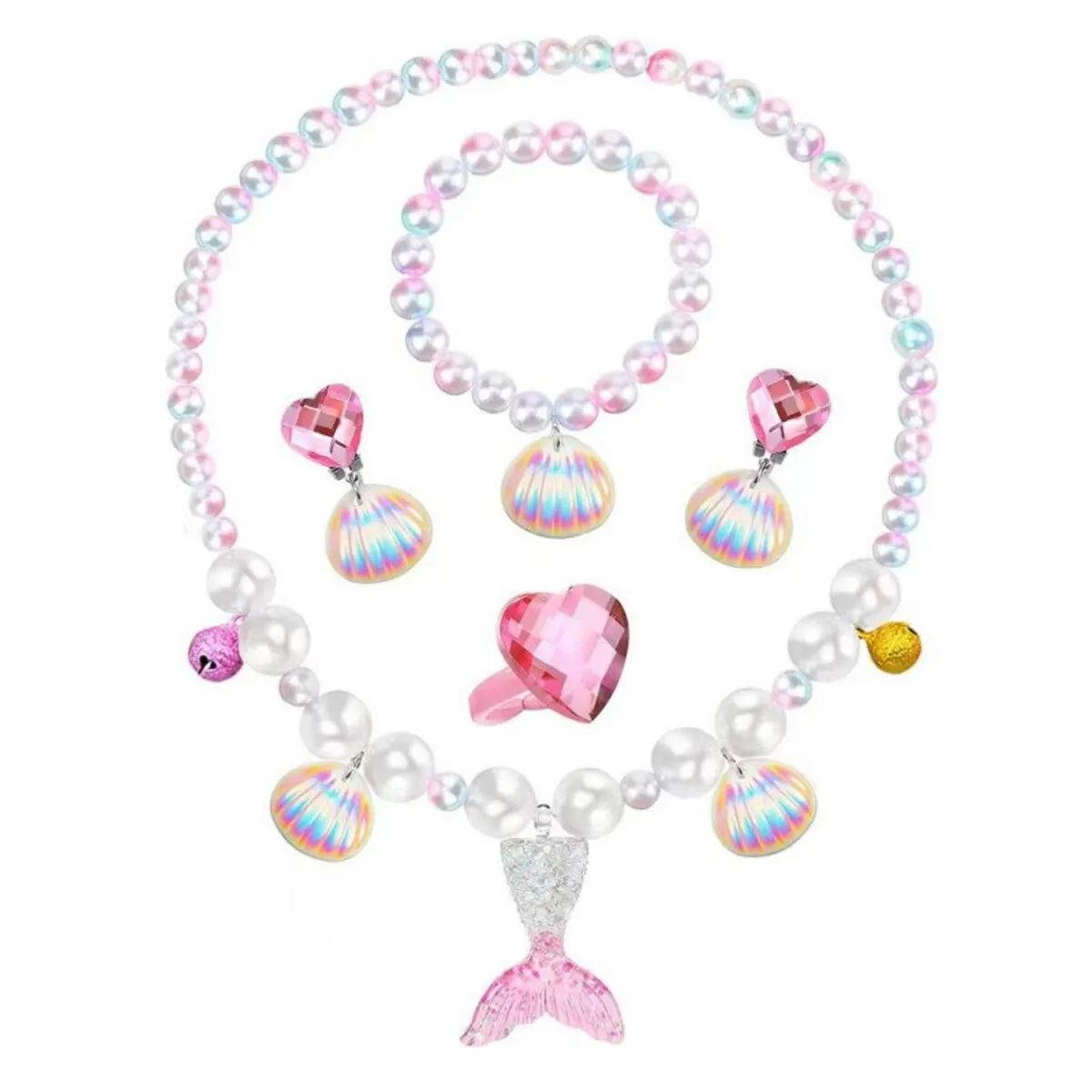 Fancydresswale Girls Mermaid necklace set of 5 pcs jewellery bracelet, ring, earrings cute girl princess dress accessories pink