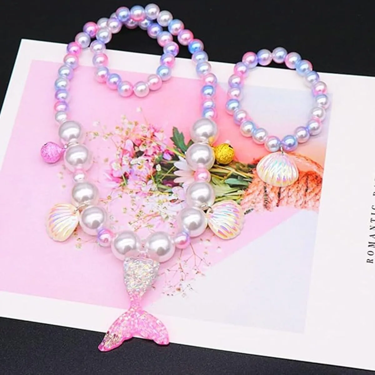 Fancydresswale Girls Mermaid necklace set of 5 pcs jewellery bracelet, ring, earrings cute girl princess dress accessories pink