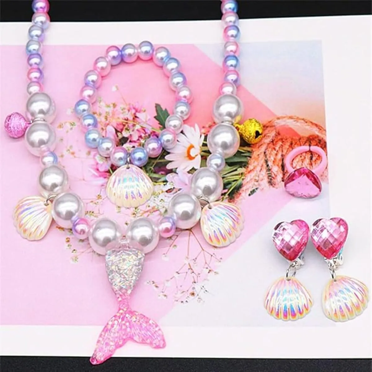 Fancydresswale Girls Mermaid necklace set of 5 pcs jewellery bracelet, ring, earrings cute girl princess dress accessories pink