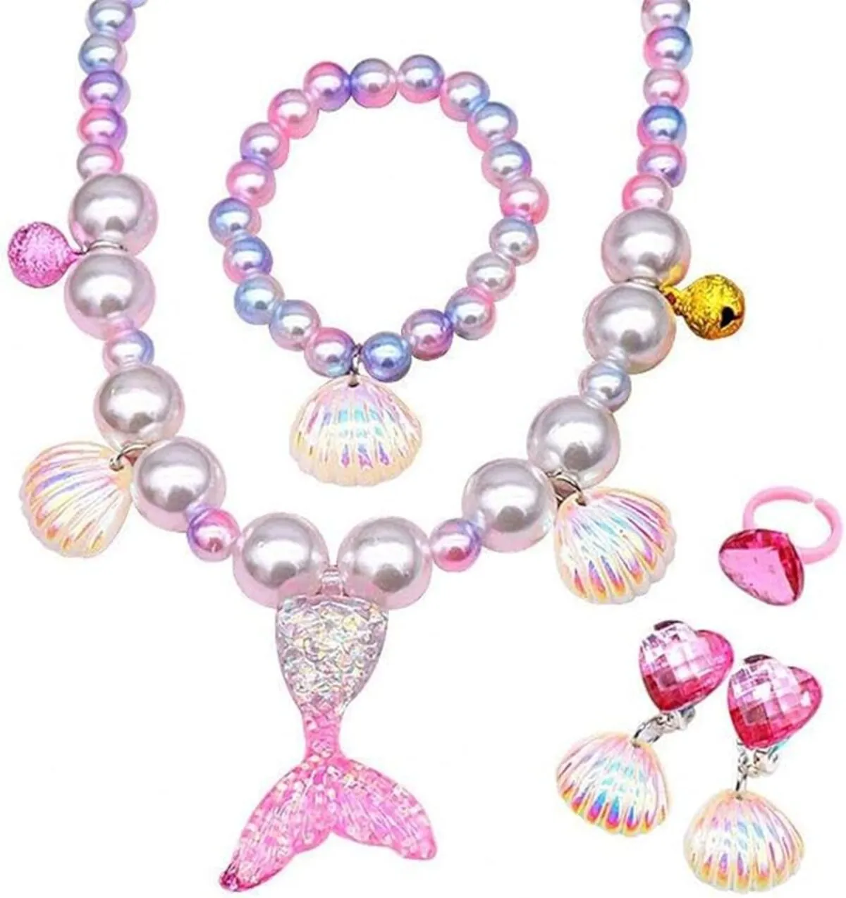 Fancydresswale Girls Mermaid necklace set of 5 pcs jewellery bracelet, ring, earrings cute girl princess dress accessories pink