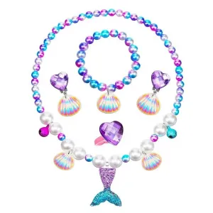Fancydresswale Girls Mermaid necklace set of 5 pcs jewellery bracelet, ring, earrings cute girl princess dress accessories purple
