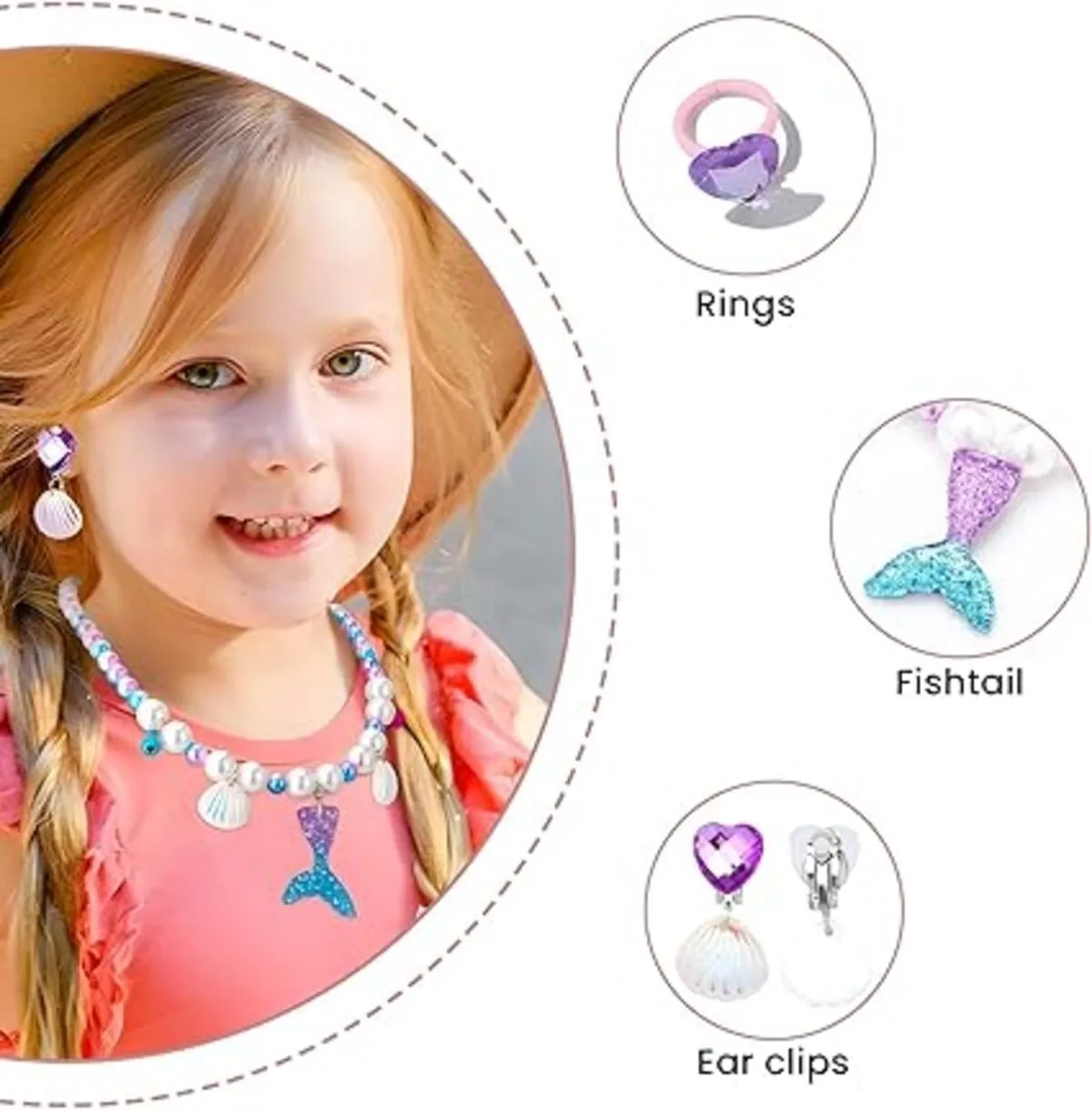 Fancydresswale Girls Mermaid necklace set of 5 pcs jewellery bracelet, ring, earrings cute girl princess dress accessories purple