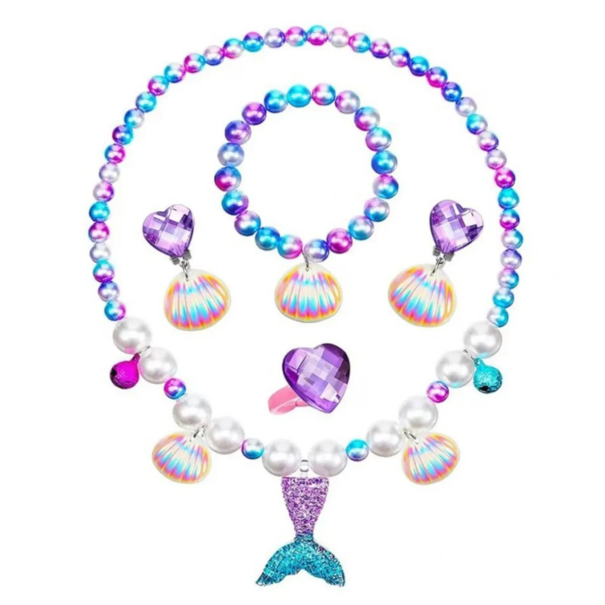 Fancydresswale Girls Mermaid necklace set of 5 pcs jewellery bracelet, ring, earrings cute girl princess dress accessories purple
