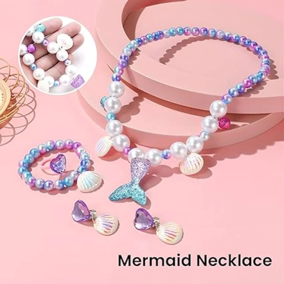 Fancydresswale Girls Mermaid necklace set of 5 pcs jewellery bracelet, ring, earrings cute girl princess dress accessories purple