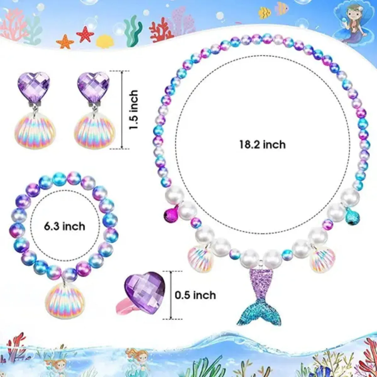 Fancydresswale Girls Mermaid necklace set of 5 pcs jewellery bracelet, ring, earrings cute girl princess dress accessories purple