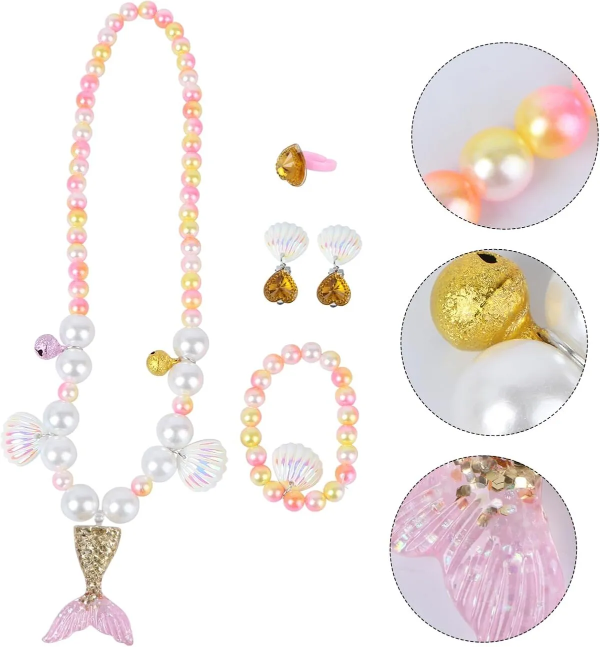 Fancydresswale Girls Mermaid necklace set of 5 pcs jewellery bracelet, ring, earrings cute girl princess dress accessories yellow