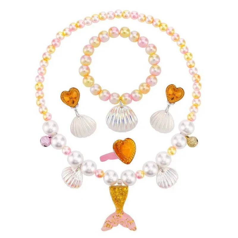 Fancydresswale Girls Mermaid necklace set of 5 pcs jewellery bracelet, ring, earrings cute girl princess dress accessories yellow