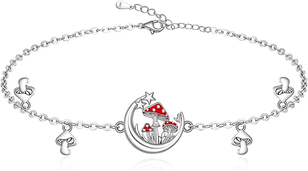 Fenthring Mushroom Bracelet Red Mushroom Moon Bracelet Sterling Silver Link Bracelets for Women Fairy Mushrooms Jewelry